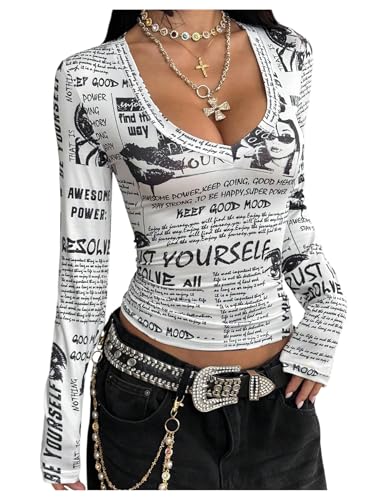 WDIRARA Women's Newspaper Print Long Sleeve T Shirts...