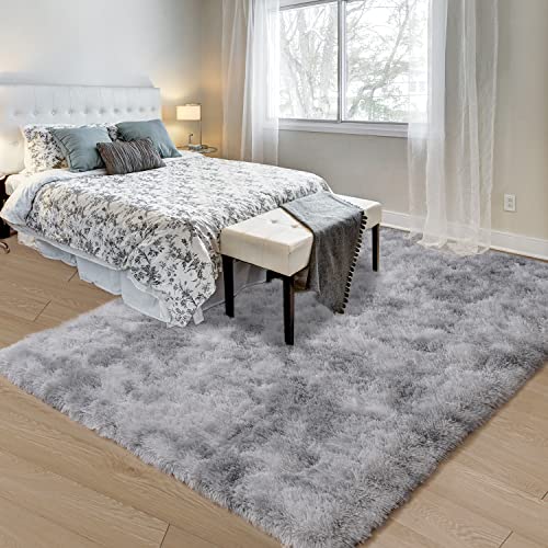 Zareas Area Rugs for Bedroom, 3x5 Feet Fluffy Shag Rugs for Living Room, Modern Shaggy Rug Soft Tie-Dye Grey Rug for Kids Room Nursery Dorm Apartment, Plush Fuzzy Beside Rug - Image 3
