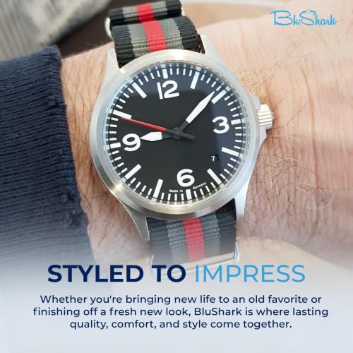 Image of BluShark - Original Collection Military-Style Waterproof Watch Strap, Fits All Timepiece Brands, Durable Nylon Wristwatch Accessories with Stainless Steel Buckle - 18mm, 20mm, 22mm & 24mm Watch Bands