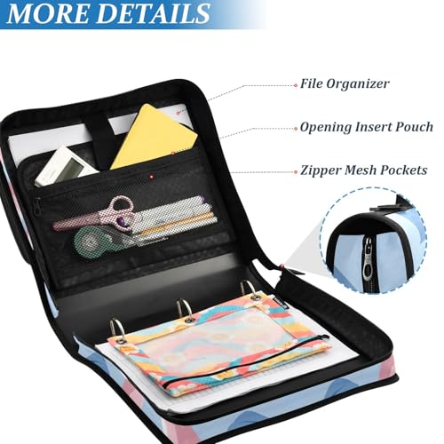 Image of 3 Ring Zipper Binder with Shoulder Strap Pink Bow Blue Pattern 1.5 inch Binders Keeper Large Capacity Multi Pockets for School Office Supplies
