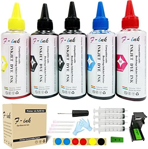F-INK 5x100ml Bottles Ink and Ink Refill Tools Compatible with Hp Ink Cartridge 303 305 307 21 22 338 339 343 901 303XL 305XL 307XL