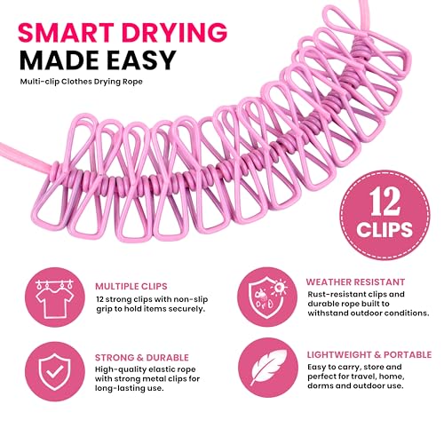 Image of Storite Cloth Drying Rope with Hooks - Elastic Hanging Rope for Travel, Home, and Outdoor Drying - Includes 12 Clips - Pink
