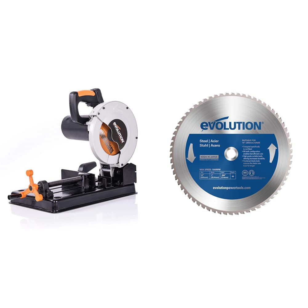 Evolution Power Tools RAGE4 7-1/4-Inch TCT Multipurpose Cutting Chop Saw and Evolution Power Tools 14BLADEST Steel Cutting Saw Blade, 14-Inch x 66-Tooth, Blue