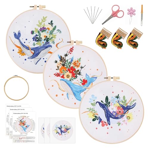 Image of KEKEMEOW 3 Sets Embroidery Kit for Beginners, Stitches with Whale and Flowers, Embroidery Stitch Practice kit for Adults Craft Lover, Cross Stitch Kit with Pattern、Instruction、Hoop