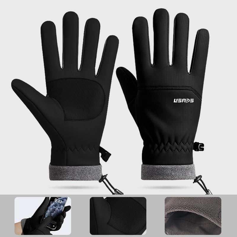 Winter Thermal Cycling Gloves, Windproof Faux Leather with Adjustable Drawstring & Touchscreen Fingers, Non-Slip Grip for Cold Weather Biking, Black and Grey - Image 4
