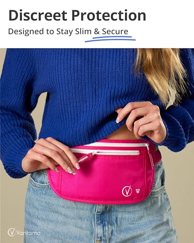 Image of Vantamo Money Belt with RFID For Men & Women, Hidden Passport Holder for Travel, 2 Compartment Travel Fanny Pack for Women Anti Theft