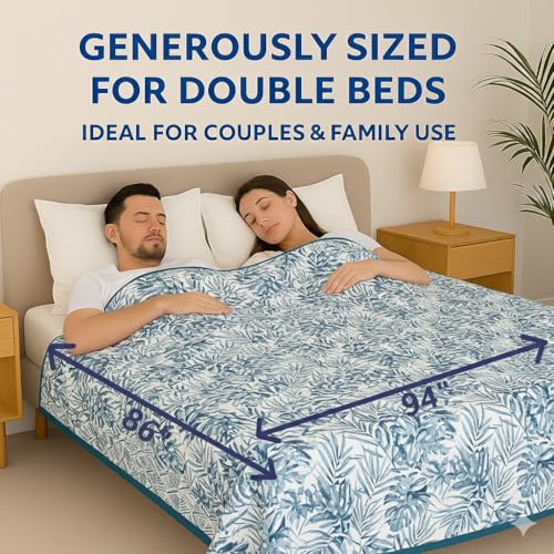 Image of Danip 100% Cotton Reversible AC Dohar Blanket, Throw - Printed Soft, Skin-Friendly, Lightweight & Ideal for All-Weather - 3 Layered Double Bed Dohar for AC Rooms (86 x 94 Inches) - White & Blue Leaf