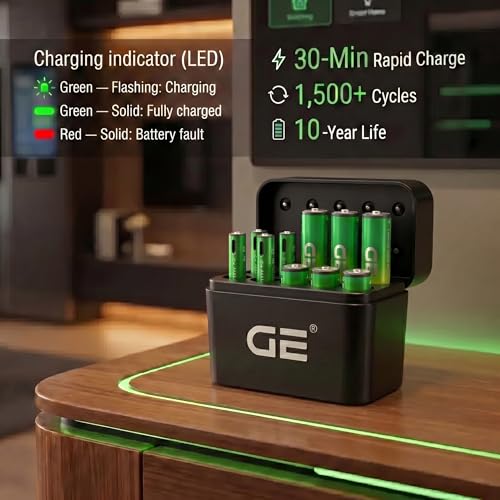 Image of GE AA AAA Rechargeable Batteries (Lithium 1.5V - 2500 mWh & 600 mWh) - in 2026 | Fast Charge Mode (Direct USB‑C + Wireless) | Pack of 10 Batteries | 10 Years of Life and 1,500+ recharges
