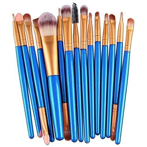 Sankuwen 15PCs Makeup Brush Set Tools Toiletry Kit (Blue-Golden)