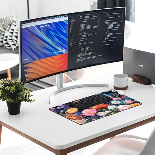 Image of Exquisite Flowers Plants Extended Gaming Mouse Pad, with Stitched Edges Large Mouse Pad Desk Protector, Rubber Base Mousepad Keyboard Mouses Mat for Work Game Office Home- 32 inch X 16 inch Inch