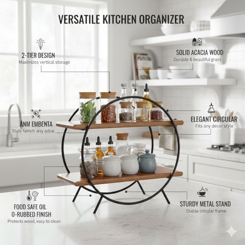 Image of Wooden Kitchen Rack Organiser 2 Tier Shelf | Circular Multipurpose Solid Acacia Wood Storage Organizer | Grocery Spice Rack | Sugar Containers, Jars, Bottels Holder for Kitchen | Food Safe