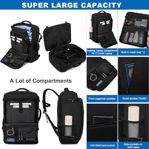 Handgepäck Rucksack 55x40x20 Groß 44L Reiserucksack für Flugzeug Handgepäck Tasche Laptop Rucksack 17 Zoll mit USB Ladeanschluss Reisetasche für Herren Damen,Schwarz