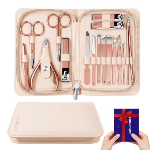 Wosyoodo Kit de Manicura y Pedicura Profesional 17 en 1 en Rosa, Set de Cortauñas de Acero Inoxidable con Estuche de Viaje Duradero, Portátil para Cuidado en Casa y Viaje, para Hombres y Mujeres