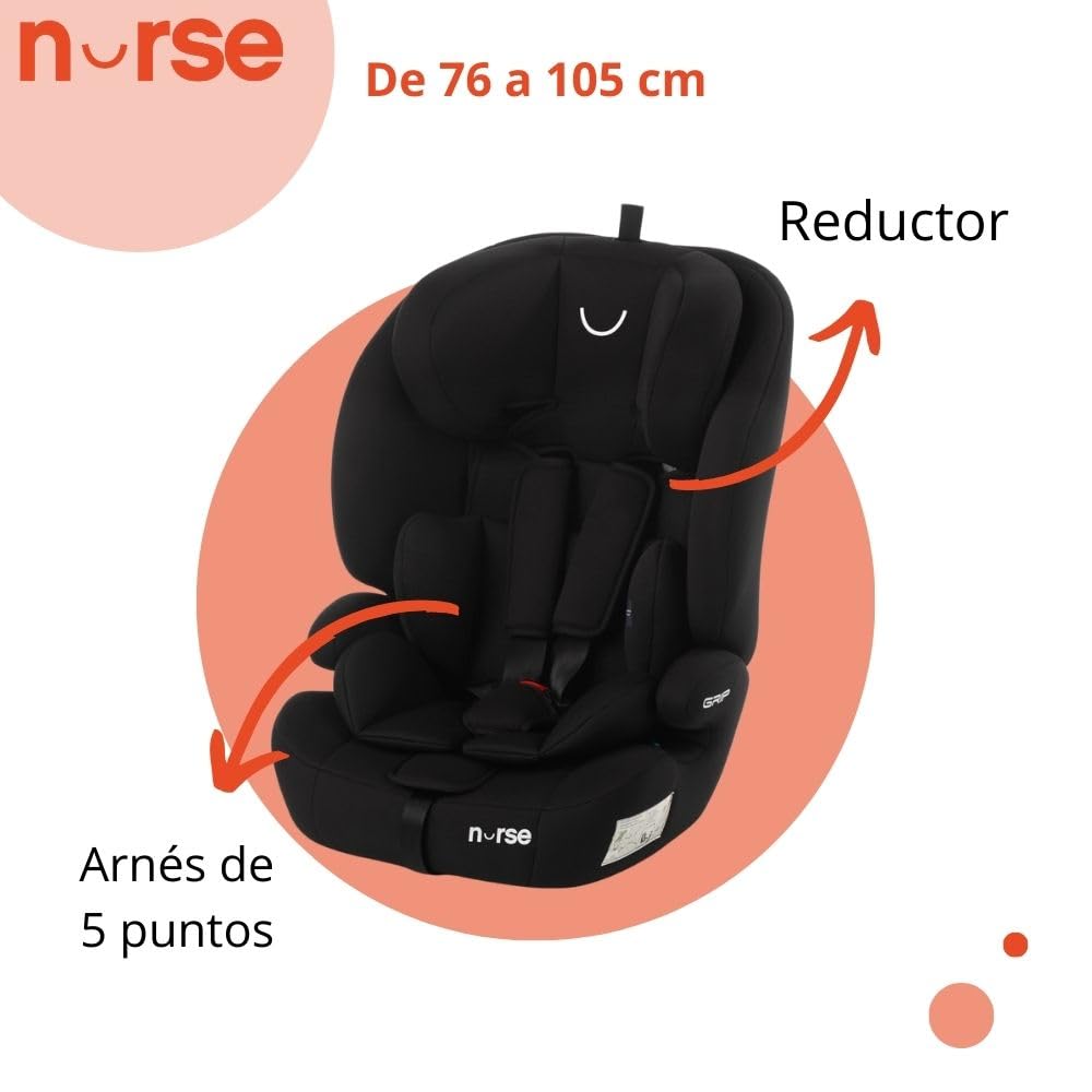 Nurse Uchwyt, fotel samochodowy iSize, 76 do 150 cm, 2-12 lat, instalacja paska, 9 pozycji, fotel samochodowy bez Isofix, czarny