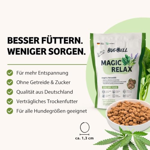 BugBell 800g Hundefutter trocken getreidefrei, Spinat & Hanf & Hanf & Heilkräuter zur Entspannung, verträgliche Insektenproteine, 100% bedarfsdeckend, hypoallergenes & purinarmes Trockenfutter
