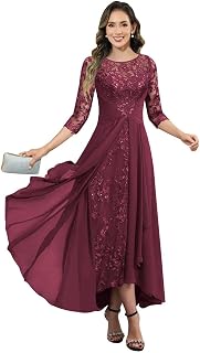 Women’s Lace Appliques Chiffon Tea Length Mother of the Bride Dresses 3/4 Sleeves Ruched Formal Wedding Guest Dress