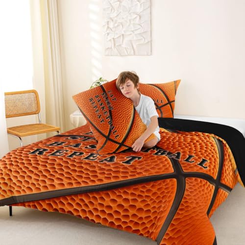 Image of Feelyou Basketball Comforter Set King Size Ball Pattern Bedding Set for Kids Boys Girls Eat Sleep Sports Theme Duvet Quilt Bedroom Decor Microfiber 3 Pcs with 2 Pillow Cases
