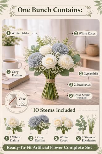 Image of Divyakosh Artificial Flowers for Home Decoration, Flora for Decor | Artificial Flowers for Vase (VASE NOT Included) Home Decor Items, Artificial Grey Dahlia & Rose Flowers Bunch for Vase |