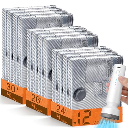12 Pack Vacuum Storage Bags for Travel with Cordless Pump, Space Saver Bags for Clothes, Compression Packing Bags for Luggage, 12 Combo Size