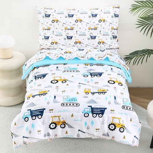 Image of Lasoftan Cars Toddler Bedding Set, 4-Piece Bed-in-a-Bag Comforter Set for Boys, Construction Truck Bedding, Machine Washable