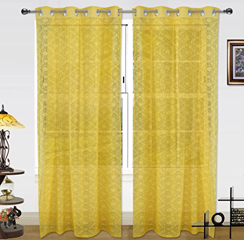 Image of Dekor World Yellow Cotton Net Curtain Set (Pack of 2)-110x275cm (4x9Feet) Long Door Curtain