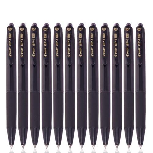 Image of Pilot BP-1 RT 0.7mm Fine Tip Ball Pen with Soft Rubber Grip | Black Ink, Pack of 12