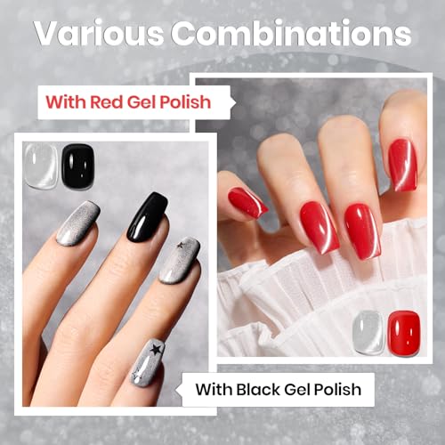 Image of Beetles Silver Cat Eye Gel Polish, 15ML Silver Glass Cat Eye Glitter Gel Polish with Magnet Shimmer Translucent Sheer Color Soak Off UV Lunar Gleam Series French Nail Art Gift for Women