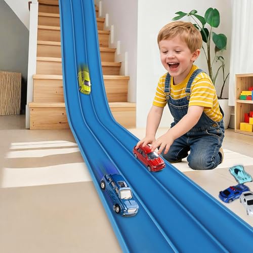 Image of 3-Lane Flexible Race Track for Kids 15ft Race Car Track Compatible with Diecast 1 /64 Scale Cars, Flexible Car Track Race Ramp Toy with Strong Suction Cups