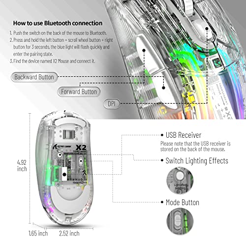 Image of Wireless Gaming Mouse PC Transparent Shell Computer Mice with Dual mode BT5.0 /2.4G,PixArt Chip 3D RGB Lighting,Ergonomic 7 Buttons,Rechargeable Mute Mouse for PC Laptop Tablet PS4 PS5 Xbox one