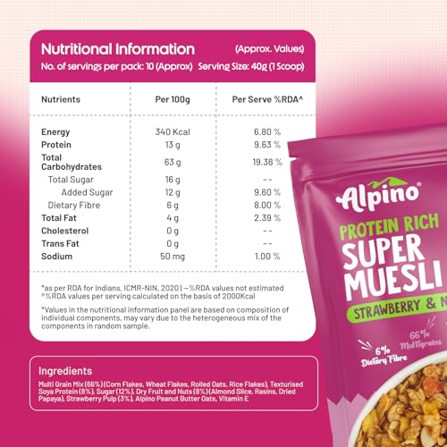 Image of ALPINO Super Muesli Strawberry & Nuts 1kg - 13% Protein, Multi-Grain, Rolled Oats & Dried Fruits