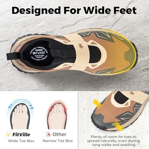 Image of FitVille Men's Extra Wide Slip On Shoes Comfortable Orthopedic Hiking Sneakers with Arch Support Slip Resistant Trekking Walking Shoes for Travel Camping