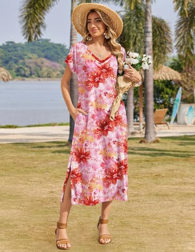 Image of Zeagoo Women Summer Floral Dress Short Sleeve Beach Dress with Pockets Casual V-Neck Split Long T-Shirt Dress Travel Vacation