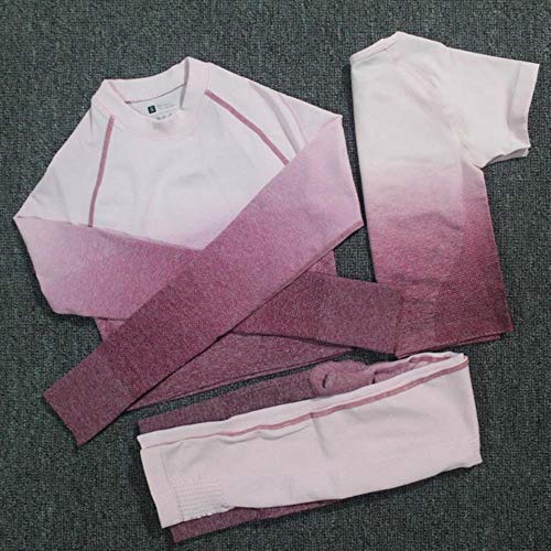 Tfsulengcl Yoga Set Seamless Leggings Long Sleeve+Short Sleeve Crop Top Sport Set Women Running Gym Clothing Fitness Sports Suit,Rose Red,L