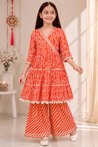 Image of Preneum Girl's Cotton Rayon Bandhani & Lahariya Printed Angrakha Kurta with Sharara & Dupatta