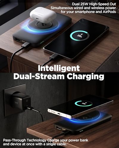 Image of Spigen 2-in-1 10000mAh Wireless Charging Power Bank, Total 25W Fast Charging Compatible with Charging Dock, Anti-Slip Ring (Non-MAGSAFE), Included Type-C to C Cable (Pogo Pin Ver.) - Black