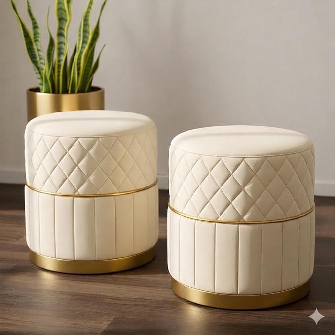 Superior Velvet Round Ottoman Stool with Gold Base and Diamond Quilting, Puffy Footrest for Living Room, Bedroom, Dressing Area, Red, Set of 2 (Cream)-image-44