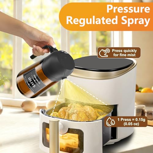 Image of Olive Oil Sprayer & Dispenser for Cooking, 16oz Dark Glass Oil Mister, 2PC | 2-in-1 Oil Sprayer & Pourer, Fine mist, Light-Blocking, Wide Mouth for Easy Refill & Clean, 8 Oil Labels, Reusable