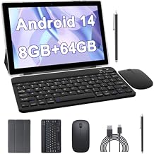 10 inch Android 14 Tablet with Keyboard, 2 in 1 Tablets Set Include Case Mouse Stylus, 8GB RAM+64GB ROM, Quad Core 10.1 Tab, 6000mAh Battery, 8MP Dual Camera, Google GMS Certification Tableta