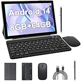 10 inch Android 14 Tablet with Keyboard, 2 in 1 Tablets Set Include Case Mouse Stylus, 8GB RAM+64GB ROM, Quad Core 10.1'' Tab, 6000mAh Battery, 8MP Dual Camera, Google GMS Certification Tableta