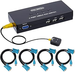 DGODRT VGA KVM Switch 4 Port, Switch Box Adapter 4 Computer Share 1 VGA monitor and 3 USB Devices, Mouse Keyboard Scanner Printer, 4 KVM Cables included