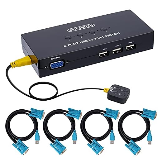 VGA KVM Switch 4 Port, USB VGA KVM Switcher for 4 Computers Share 1 Monitor 3 USB Devices Keyboard Mouse Scanner Printer, Including 4 KVM Cables & Desktop Control