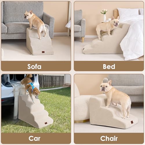 EHEYCIGA Hundetreppe für Kleine Hunde 50 cm Hoch, Haustiertreppe für Sofa Bett, Treppe für Hunde aus Hochdichtem Schwamm, Hunderampe mit Waschbarem Bezug und Rutschfestem Boden, 4 Stufen, Beige