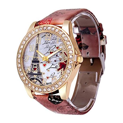 CdyBox Wholesale PU Leather Strap Watch Mother Day Gift Bling Rhinestone Accented Eiffel Tower Ladies Women Watches (Brown)
