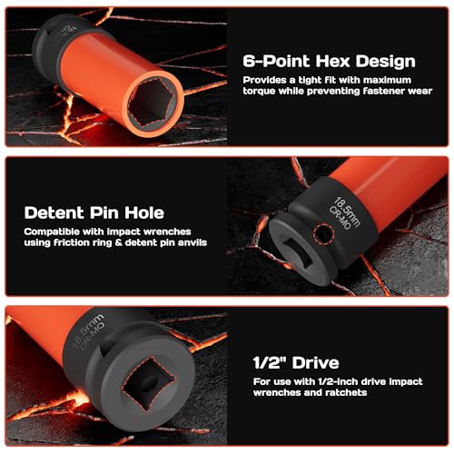 Image of 7-Piece 1 /2 inch Drive Lug Nut Impact Socket Set (16.5-22.5mm), Non-Marring Design for Swollen or Seized Wheel Nuts, CR-MO Steel