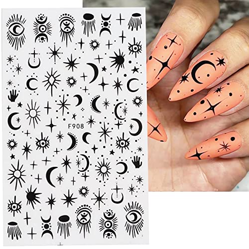 6 Sheets Moon Sun Star Nail Stickers, Black And White Moon Sun Starlight Nail Art Decals, 3D Self-Adhesive Nail Art Stickers For Women Nail Decoration #TOP4