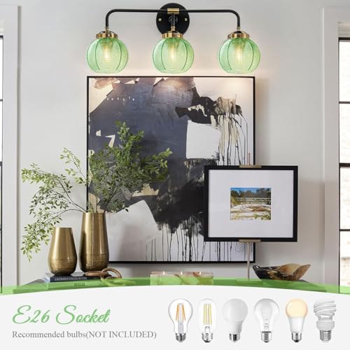 Image of Bathroom Light Fixtures Vanity Wall 3-Light Coastal Vanity Lights Emerald Green Vintage Wall Lamp with Glass Globe Shade Modern Glass Wall Vanity Lighting for Mirror Kitchen Cabinet