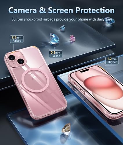 Image of FNTCASE for iPhone 15 Case Clear: iPhone 14 /13 Case Magnetic Phone Cases Compatible with Magsafe Slim Anti Yellowing Military Grade Drop Protection Rugged Protective Transparent Cover (C-A Pink)