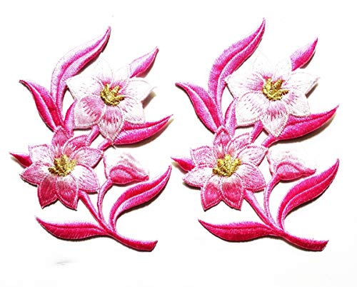 Pink Roses Pair Flowers Floral Bouquet Mother's Day Flower Symbols Embroidery Applique Patch Beautiful Flowers Patch for Bags Jackets Jeans Clothes or Gift (Pink Jasmine Flowers)