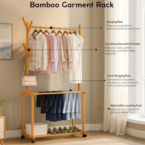 Image of LEOPAX Rolling Coat Rack, Bamboo Garment Rack, Clothes Hanging Rail With 2 Shelves 4 Hooks for Shoes, Hats & Scarves, Clothes Stand For Hallway, Living Room, Guest Room (Size : 80x37x175cm) - Beige