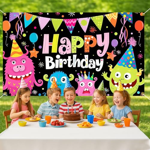 Image of Happy Birthday Backdrop Funny Monster Black Background Photography Background 70.8x43.3in Kids Party Decorations Boys Girls